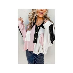 Azura Exchange  Multicolor Colorblock Flap Pockets Henley Collared Top